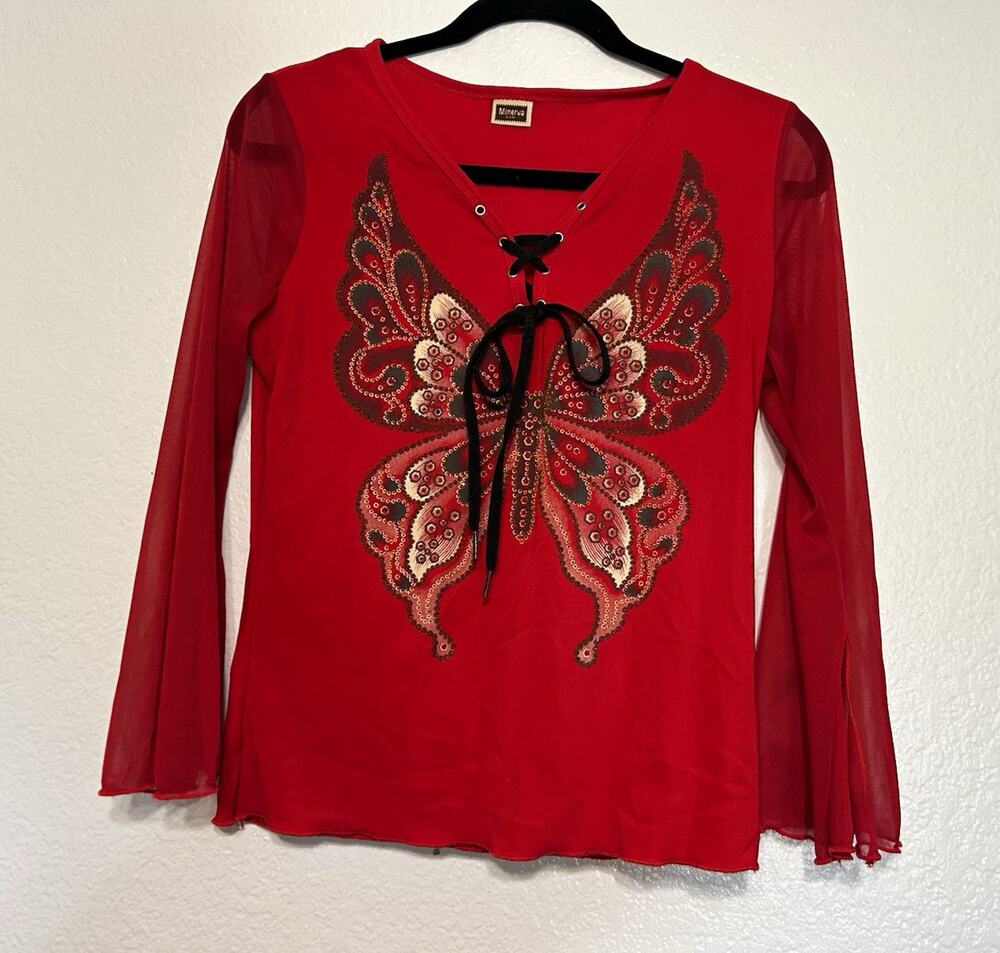 Vintage Y2K Minerva Sheer Split Bell Sleeve Butterfly Top Red Size S